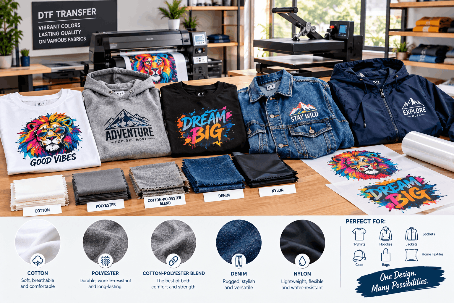 Textiles compatibles avec l'impression DTF en coton, polyester et tissus mélangés