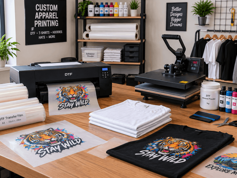 DTF printing for small businesses with transfer film and custom apparel