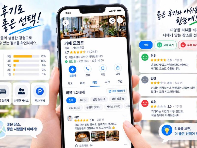업체 후기 읽기 플레이스에서 온라인 리뷰와 평점을 비교하는 화면