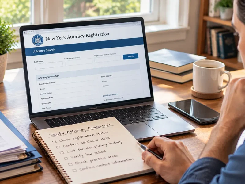Person using an attorney registration directory to check attorney admission and professional standing in New York.