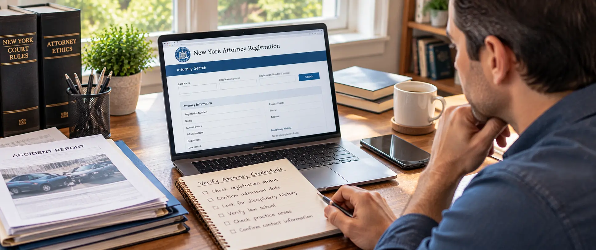 Person using an attorney registration directory to check attorney admission and professional standing in New York.
