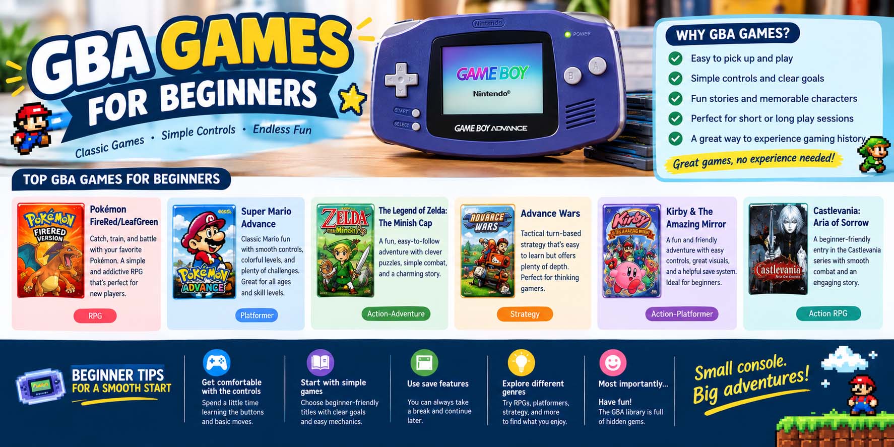 GBA games for beginners represented by an accessible retro handheld gaming